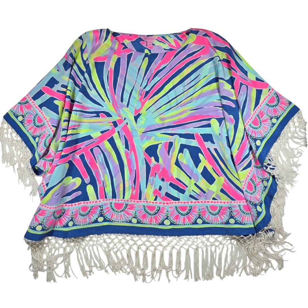 Lilly Pulitzer Moya 100% Silk Fringe Blouse Swim Cover Up Caftan Women's XXS XS